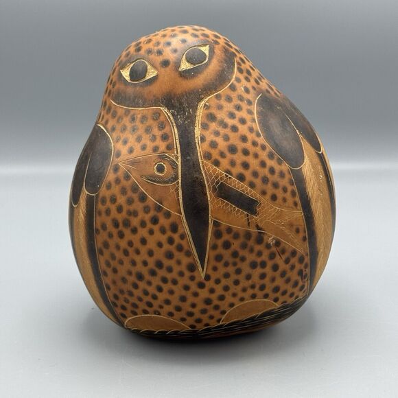 Hand Painted Carved South American Peru Kingfisher Gourd Calabash 7" Figurine - Picture 1 of 7